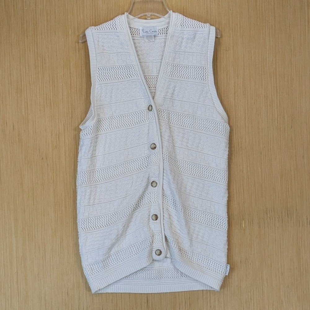 Pierre Cardin Vest Womens Small White Knit Vintage Retro Coastal‎ Grandma Cotton